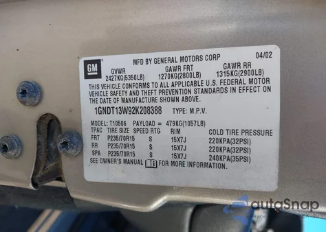 2002 Chevrolet Blazer Ls from USA, damaged, VIN 1GNDT13W92K208388